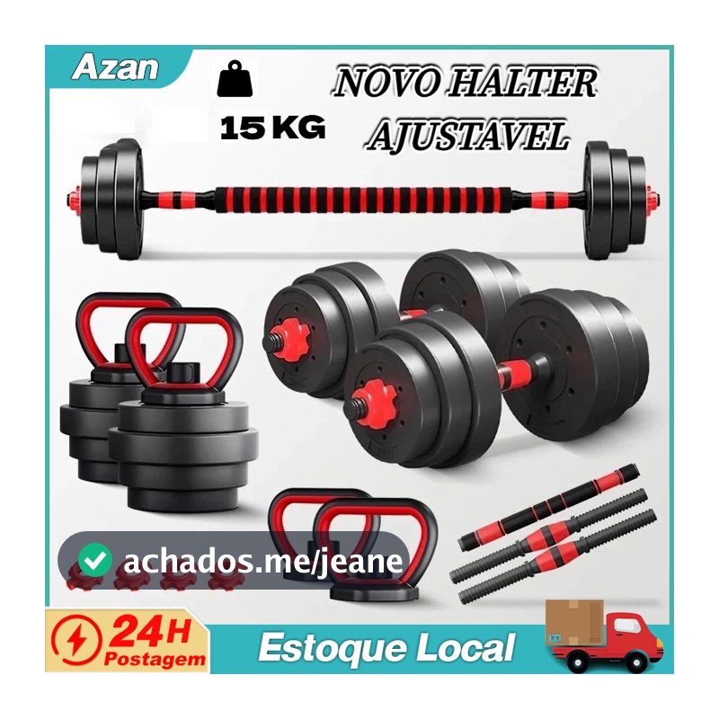 Kit Academia em Casa 15kg Halteres Ajustáveis,Inclui Barra Longa e Presilhas de Segurança