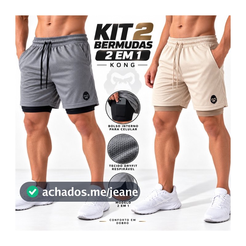 Kit 2 Bermudas Masculinas 2 em 1 KONG Dry Fit Com Compressão Bolso Celular Academia Treino Corrida Performance