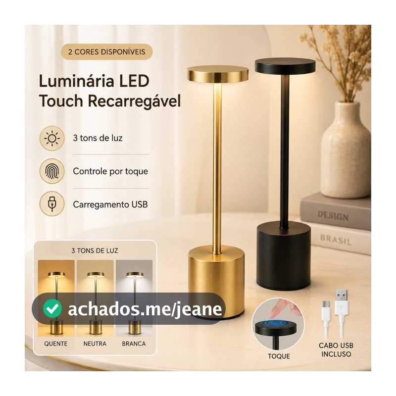 Luminária de Mesa Candeiro Dumbbell Touch de Quarto Luxuosa 3 Tons de Led