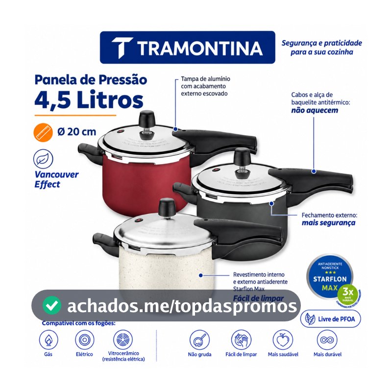Panela de Pressão Tramontina 4,5  e 6,0 Litros com Fechamento Externo Antiaderente Starflon Max Vancouver