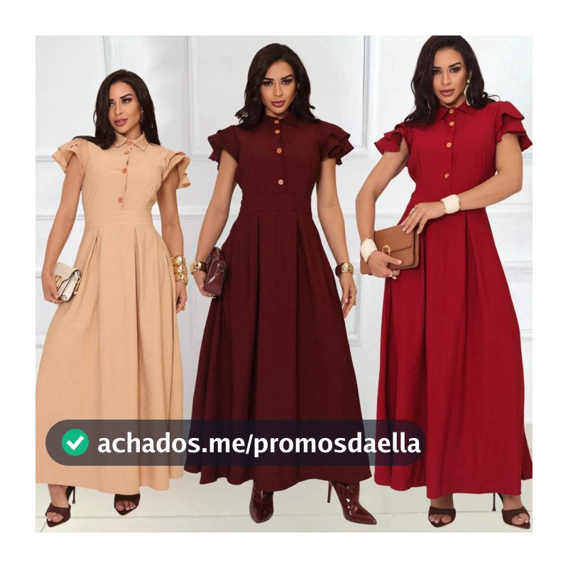 Vestido Feminino Elegante com Babado nas Mangas e Botões Frontais
