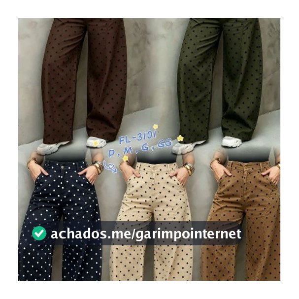 Calça feminina barrel de sarja com elastano poá