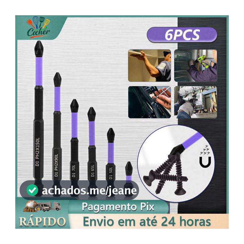 Jogo 6 Ponteiras Philips Magnéticos PH2 de Impacto Anti Derrapante Parafusadeira Bits Cruzado