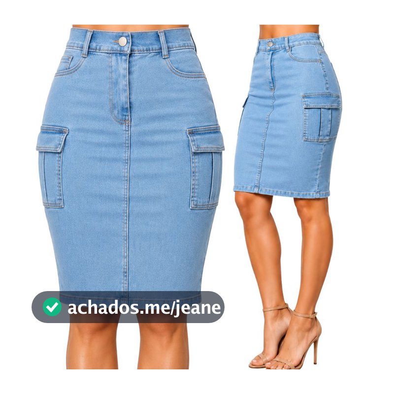 Saia Cargo Jeans Feminina  Mídi Cintura Alta  Bolso Cargo Lateral