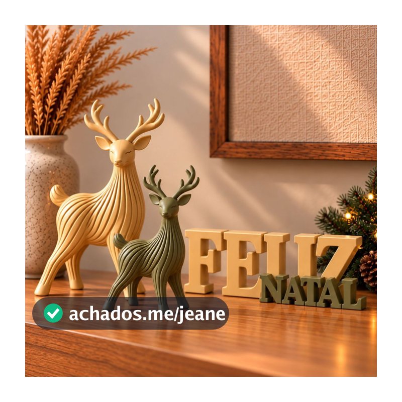 Kit Natalino 2 Renas + Plaquinha Feliz Natal  Decoração de Natal 3D para Mesa