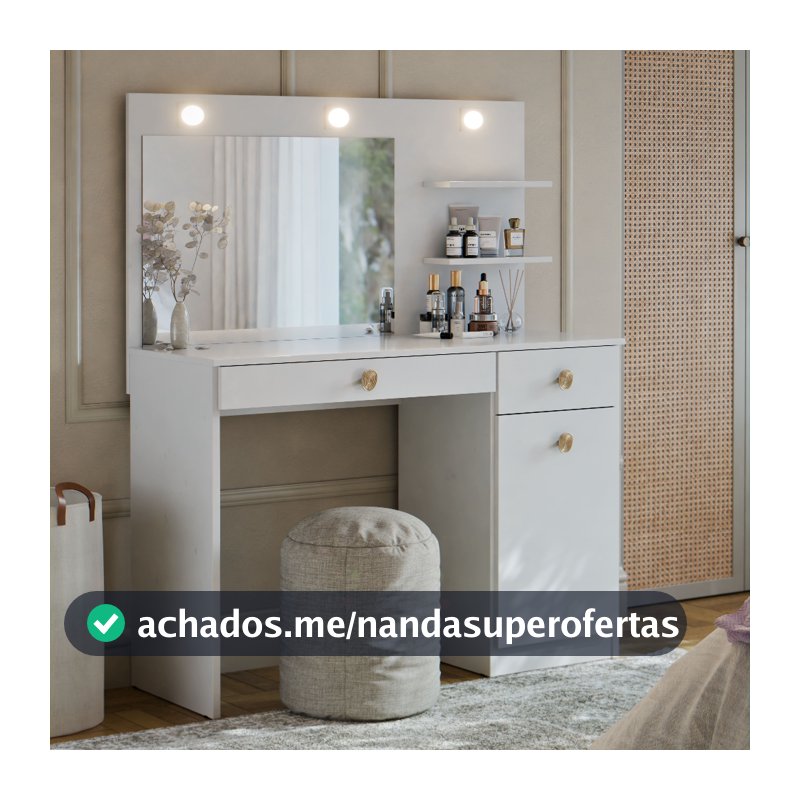Penteadeira Camarim Jolie com Espelho LED Com Gaveta Prateleira Organizar Maquiagem Studio Quarto