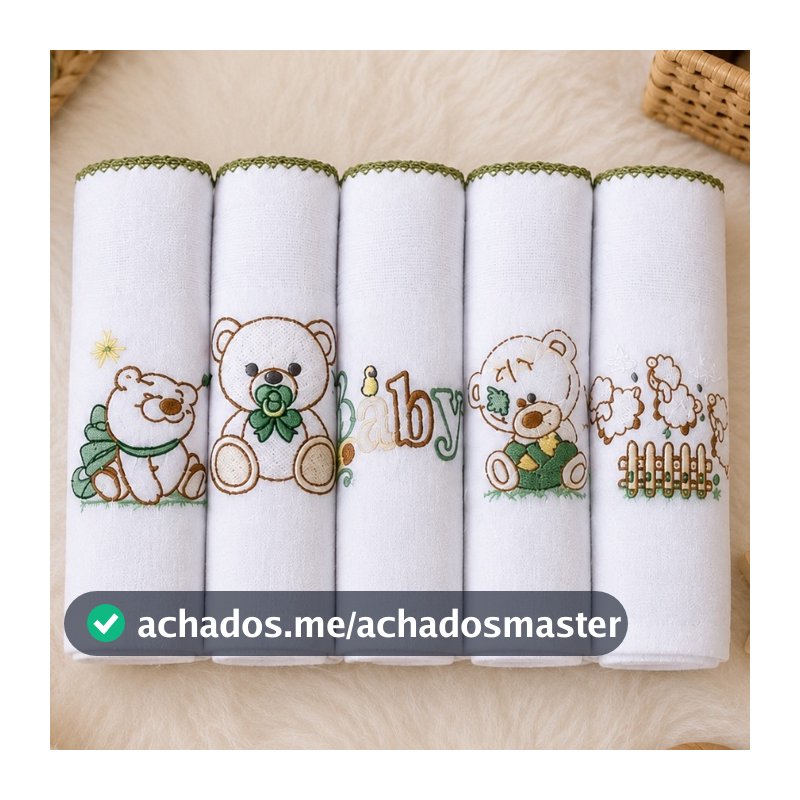 Kit Fralda de Pano Bordada para Bebê com 5 unidades 100% Algodão Menino