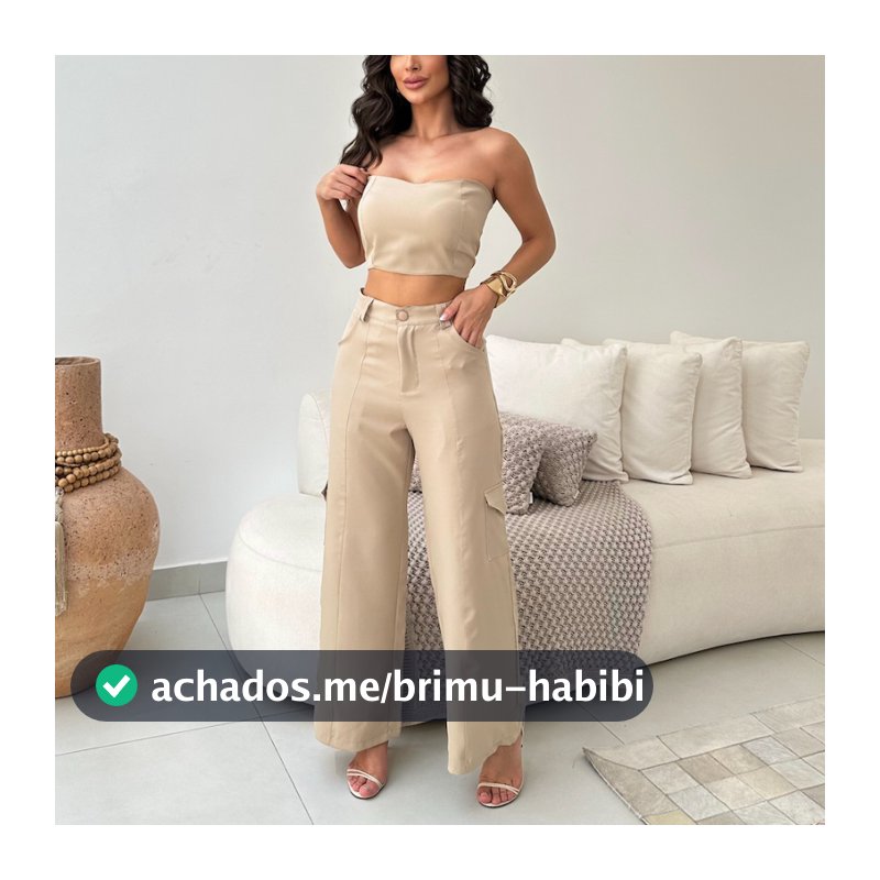 Conjunto Alfaiataria Calça Cargo com Bolso Lateral e Top sem Alça Coleção Primavera Verão