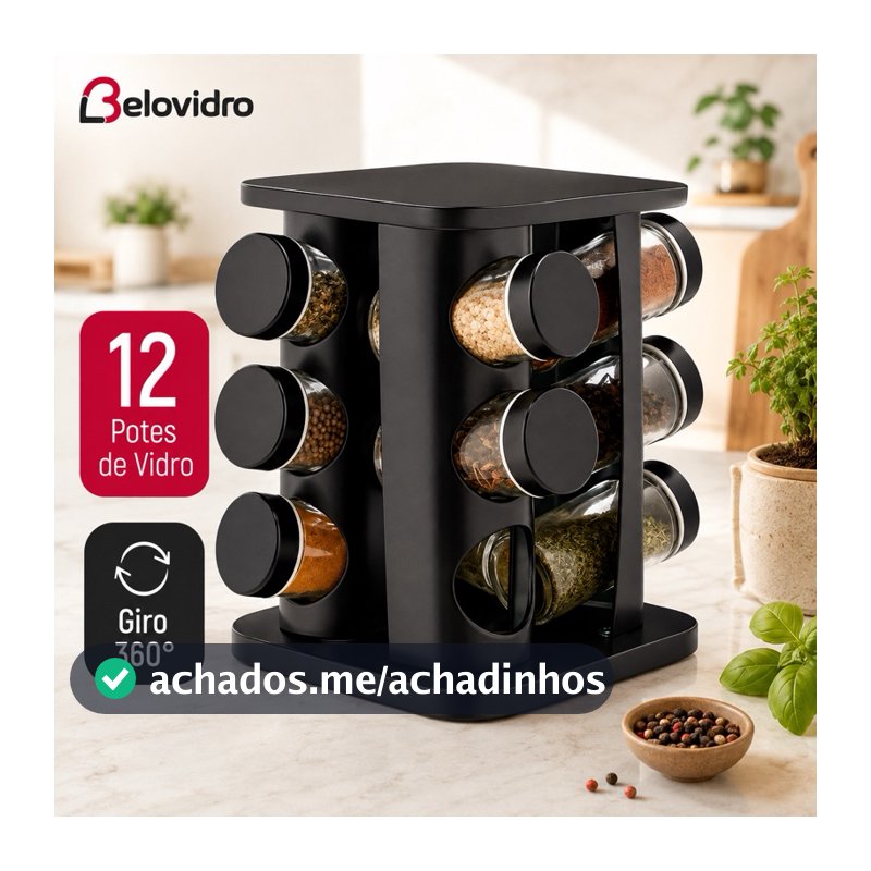 Porta Condimentos Giratório Belovidro 12 Potes 85ml Vidro 360° Organizador de Temperos Cozinha