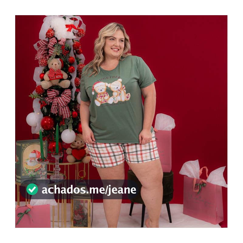 Pijama Feminino Plus Size de Natal G1 ao G3 Conjunto Natalino Blusa e Short Família