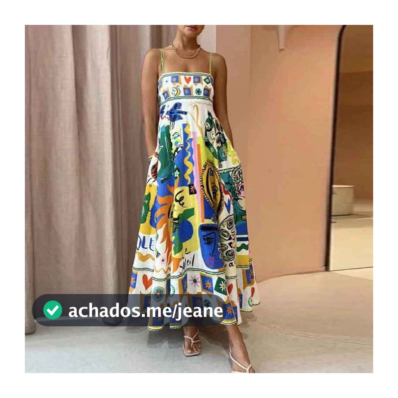 Sem mangas, sem gola, com estampa de cintura alta pintada vestido feminino com grande estilingue (24549)