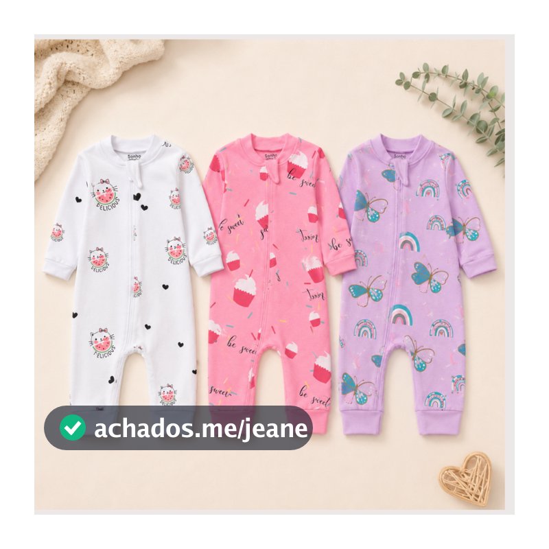 Kit 3 Macacões Sonho & Baby Manga Longa 100% Algodão Menina com Zíper