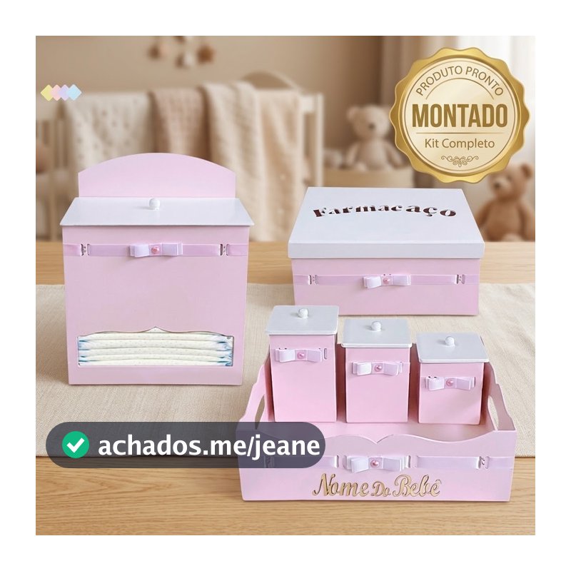Kit Higiene Bebê Menina Rosa MDF Personalizado Montado Cesta Porta Fraldas Farmacinha