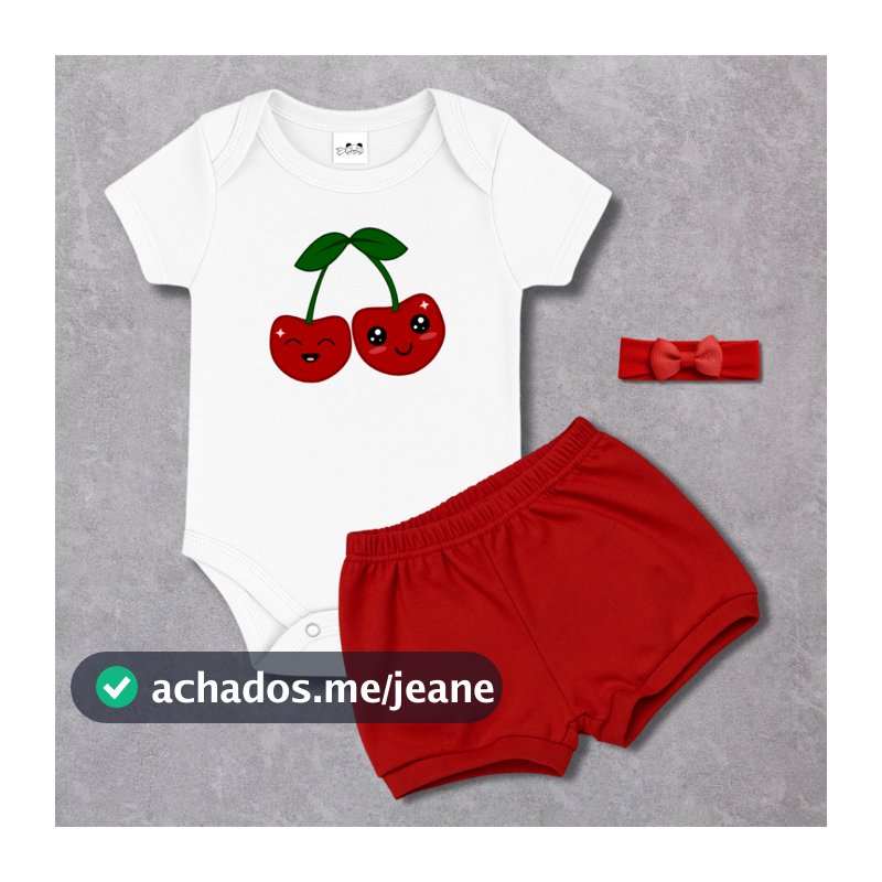Conjunto Infantil Body + Short + Laço Bebe Menina Vermelho Cereja 100% Algodão