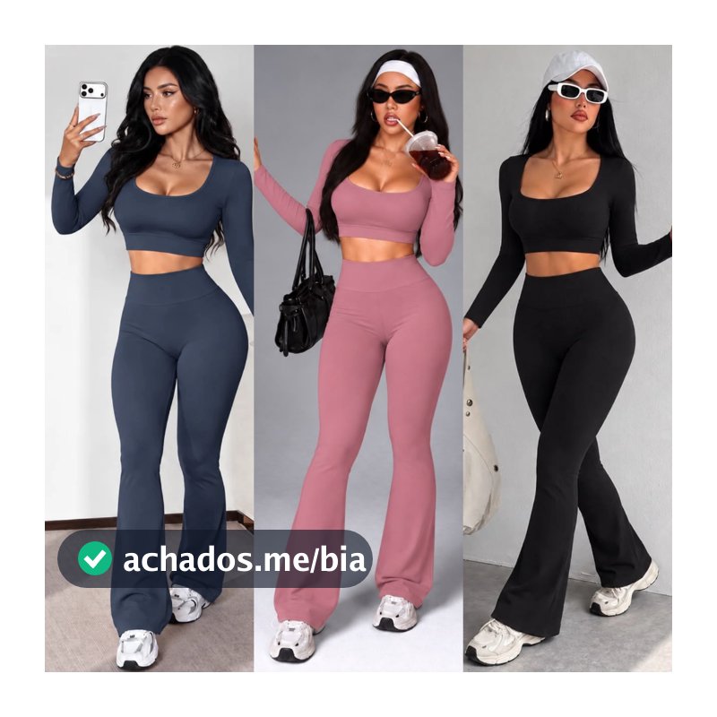 Conjunto Fitness Bailarina Top Manga Longa Legging Cintura Alta Modelo Flare Sem Transparência