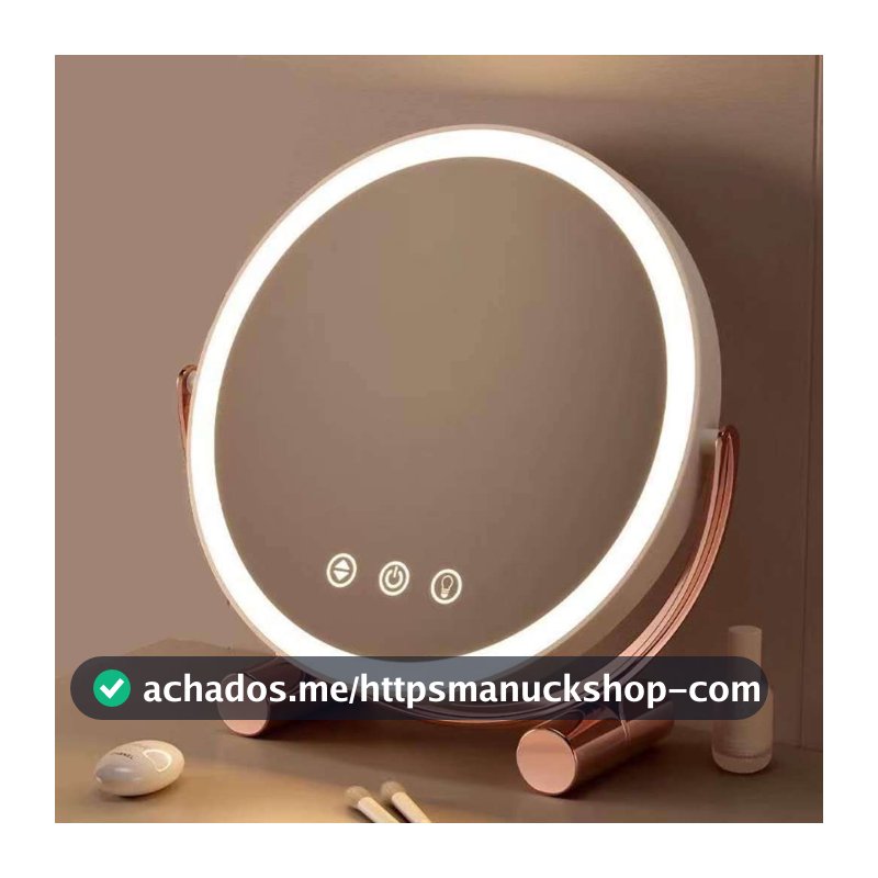 Espelho de Maquiagem com LED – Mesa Redonda, Madeira Bambu, Luz Branca, Recarga USB