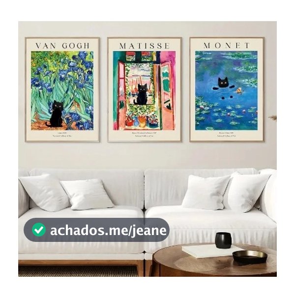 Quadros decorativos Matisse colorido Gato abstrato arte moderna (3 peças)