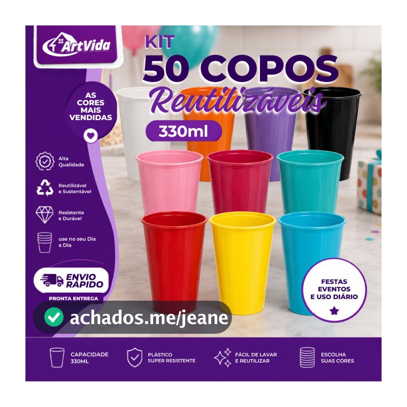 KIT Copos Plásticos 330ml Altos Long Neck Reutilizável Personalize Festas Eventos - ArtVida