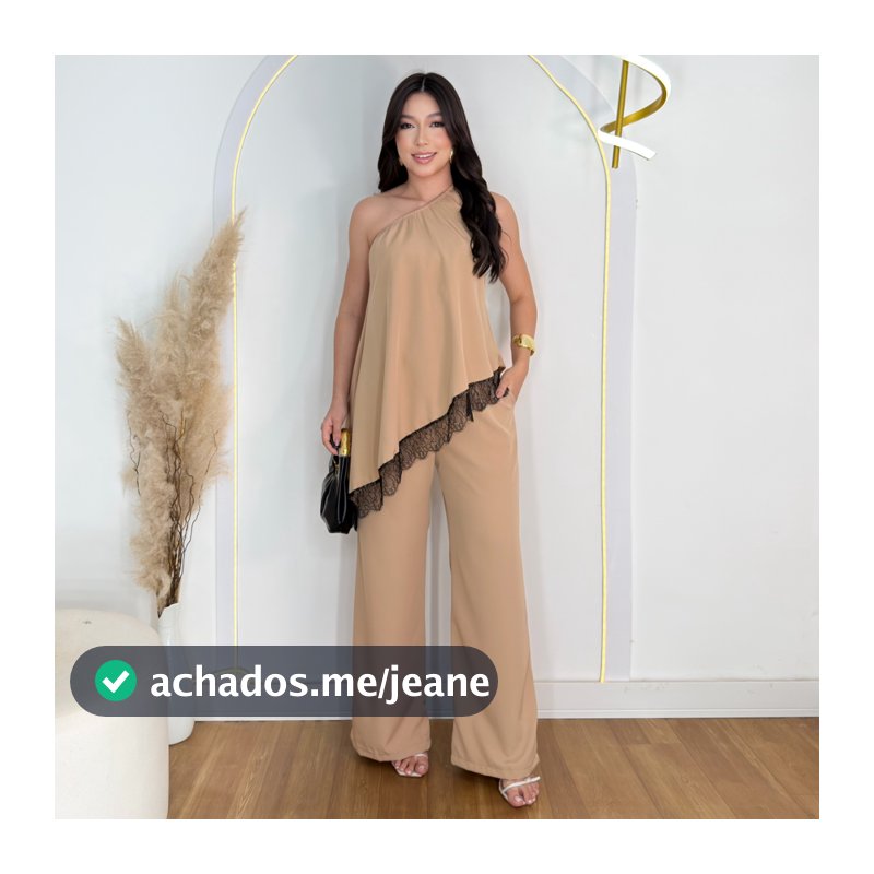 Conjunto Feminino Pantalona Crepe Alfaiataria Ombro Só Assimétrico Elegante Com Bolso e Renda