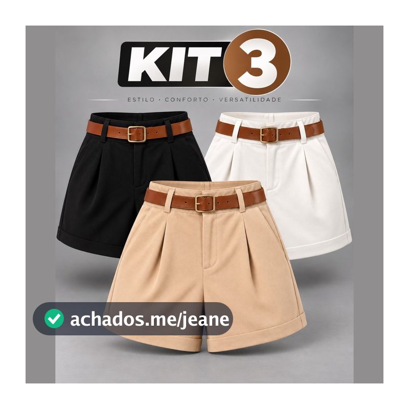 Kit 3 Shorts Alfaiataria Feminino Cintura Alta Com Cinto Meia Coxa Preto Branco Nude Social Elegante Verao