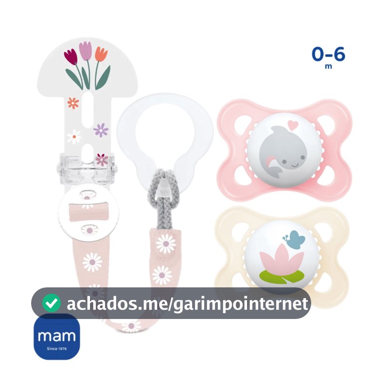 Chupeta MAM 0-6 meses Dupla Rosa + Prendedor MAM com Estojo Clip IT!& Cover
