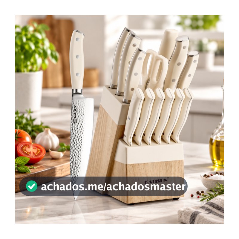 Jogo de Facas 14 Peças Branco Cremoso com Bloco de Madeira, Tesoura e Afiador Incluso para Cozinha Profissional e Domést