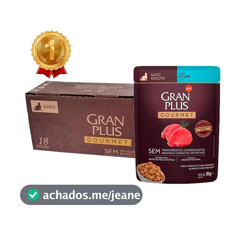 Kit 18un. Ração Úmida Sachê GranPlus Gourmet Gatos Adultos Atum 85g