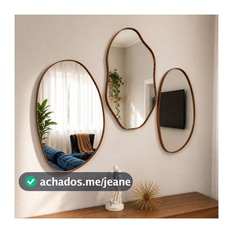 Kit Combo Espelhos Orgânicos Decorativos De Parede Com Moldura Couro Reforçado P/ Sala Banheiro Hall