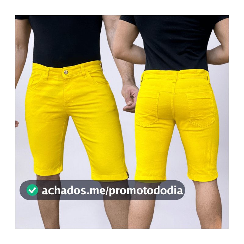 Bermuda Amarela Short Colorido Sarja Brim Bolso Relógio Com Lycra Casual Premium