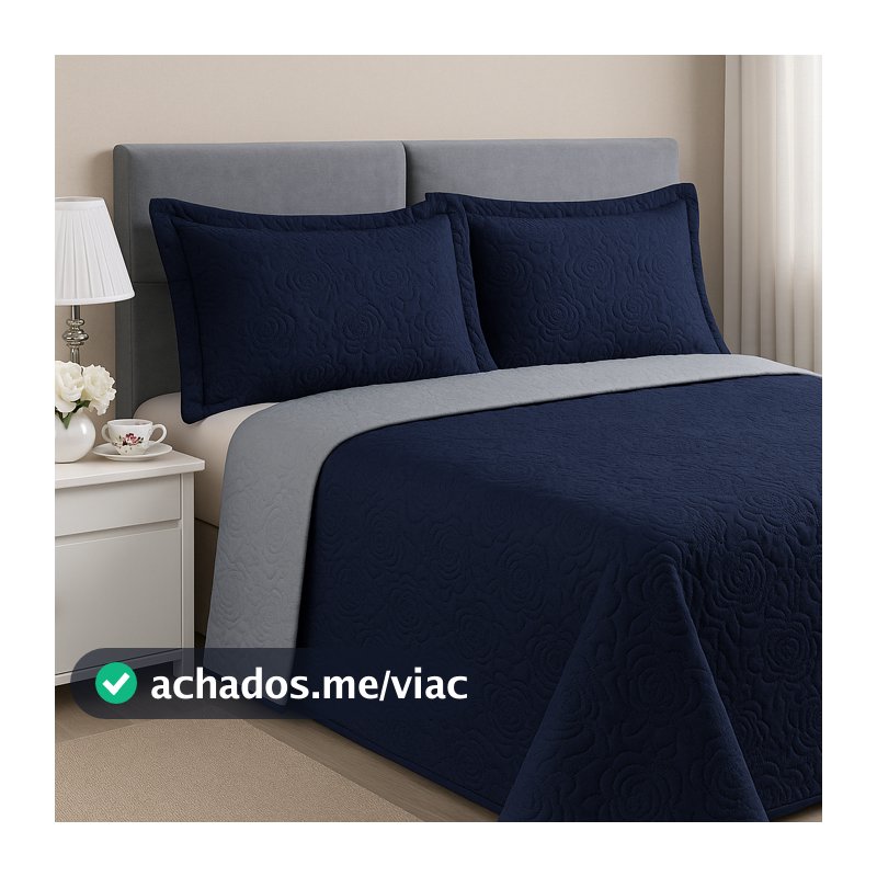 Kit Colcha Cobre Leito Casal Com 2 Porta Travesseiros Dupla Face Com Viés 100% Poliéster