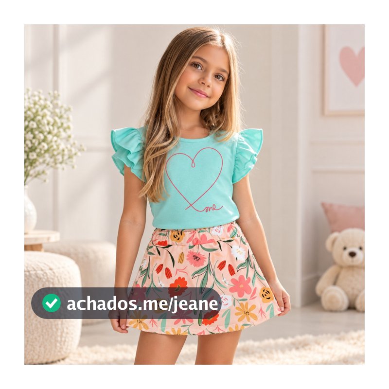 Conjunto Infantil Menina Verão Blusa de Algodão com Babado e Short Saia Floral