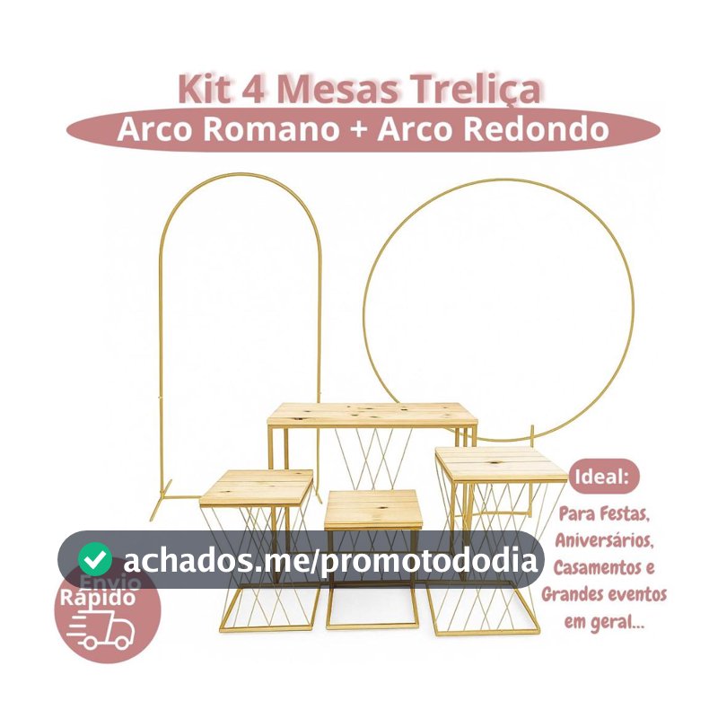 Kit Completo 4 Mesas Treliça + Painel Arco Romano Redondo Desmontável Festas Decoração