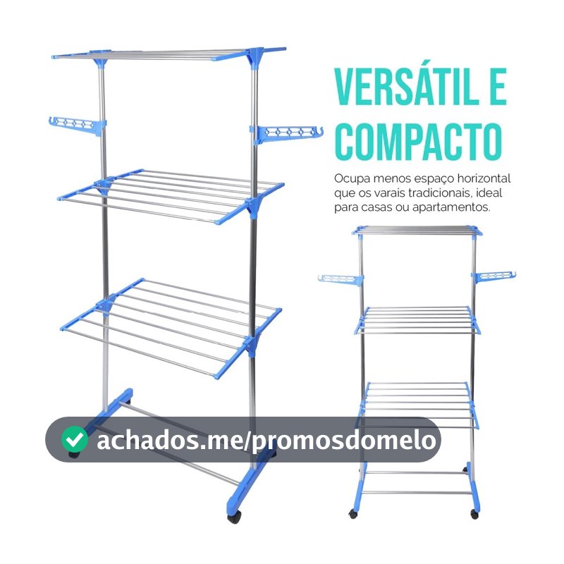 Varal De Roupa Dobrável Torre 3 Andares Com Rodas Aço Inox Vertical Azul Umbrella