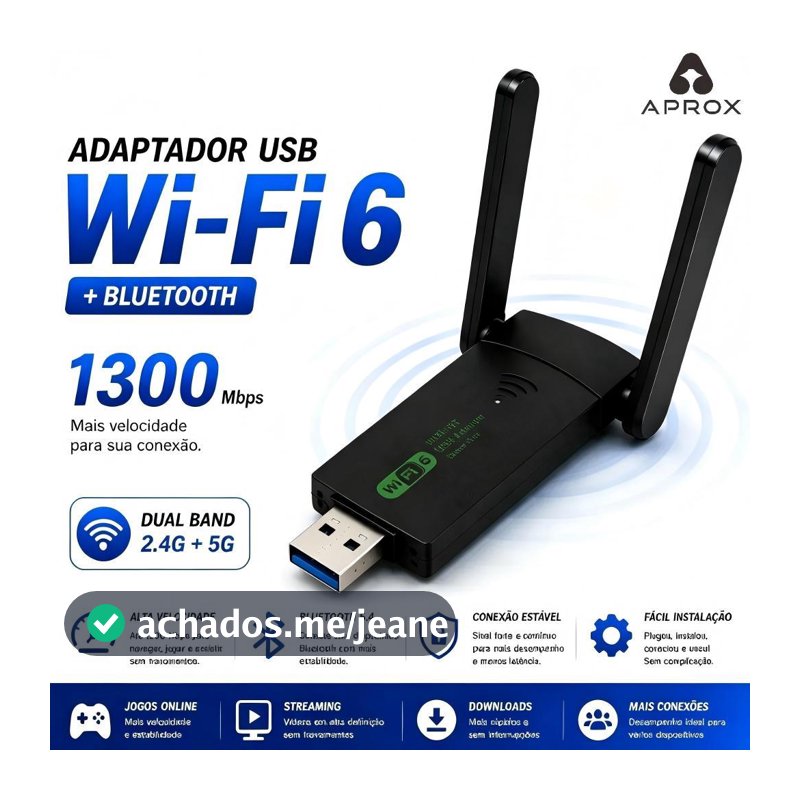 Adaptador USB Wi-Fi 6 Dual Band 2.4GHz+5GHz Até 1300Mbps Alta Velocidade para Notebook e Desktop-APROX