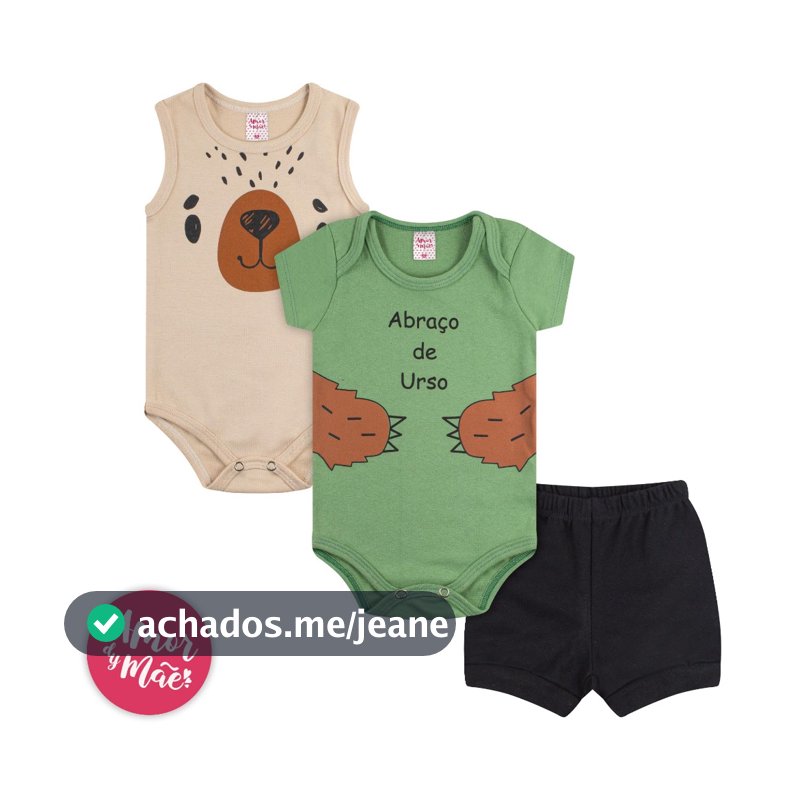 Kit 3 Peças Body Bebê Verão Manga Curta Regata Short Masculino P ao GG.