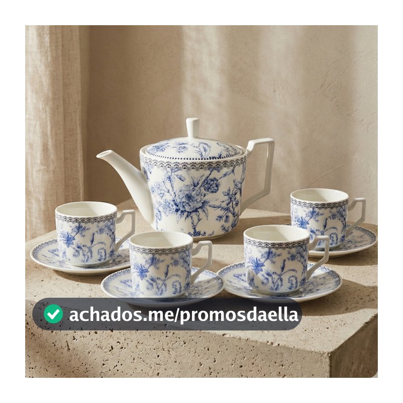 Jogo de Chá 5 Peças Porcelana New Bone Azul Hortênsia Bule 750ml e 4 Xícaras 220ml Luxo Elegante