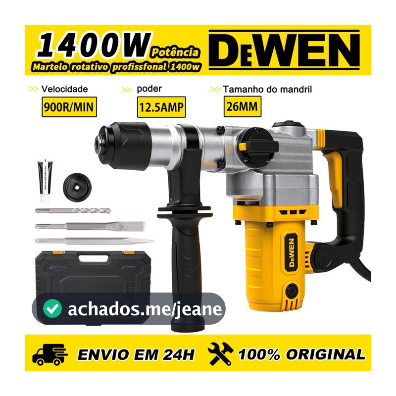 Martelete Rotativo Rompedor 4 em 1 4950 RPM Mandril Bivolt para Perfuração e Martelamento Com Kit e Maleta