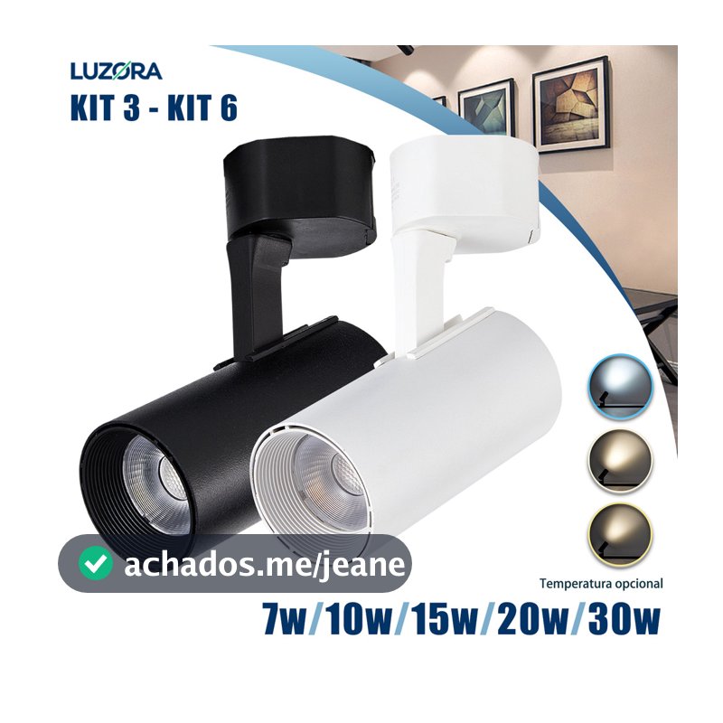 Kits Spot LED Trilho 7W a 30W Bivolt Direcionável Luz Quente/ Fria/ natural 3 a 5 Un Preto / Branco