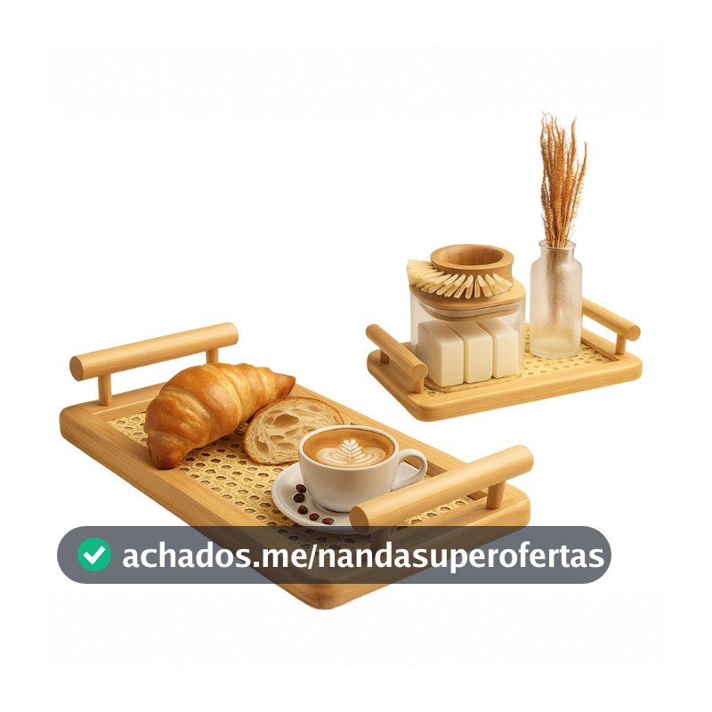 Bandeja de Madeira Bambu Palha C/ Alça Servir Café Decoração
