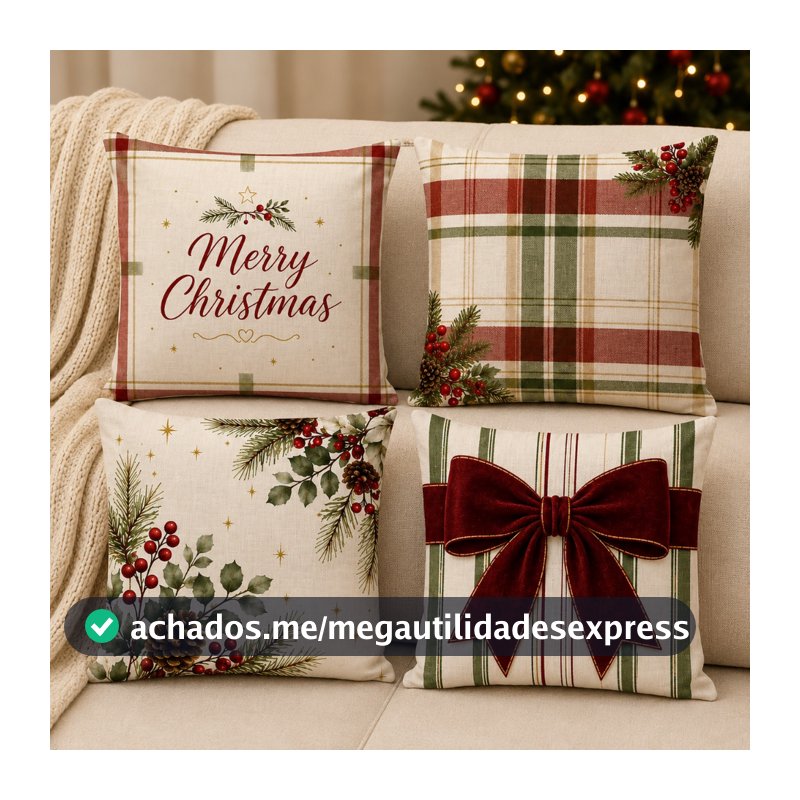 Kit 4 Capas de Almofada 43x43 cm Estampa Digital Decoração Natalina