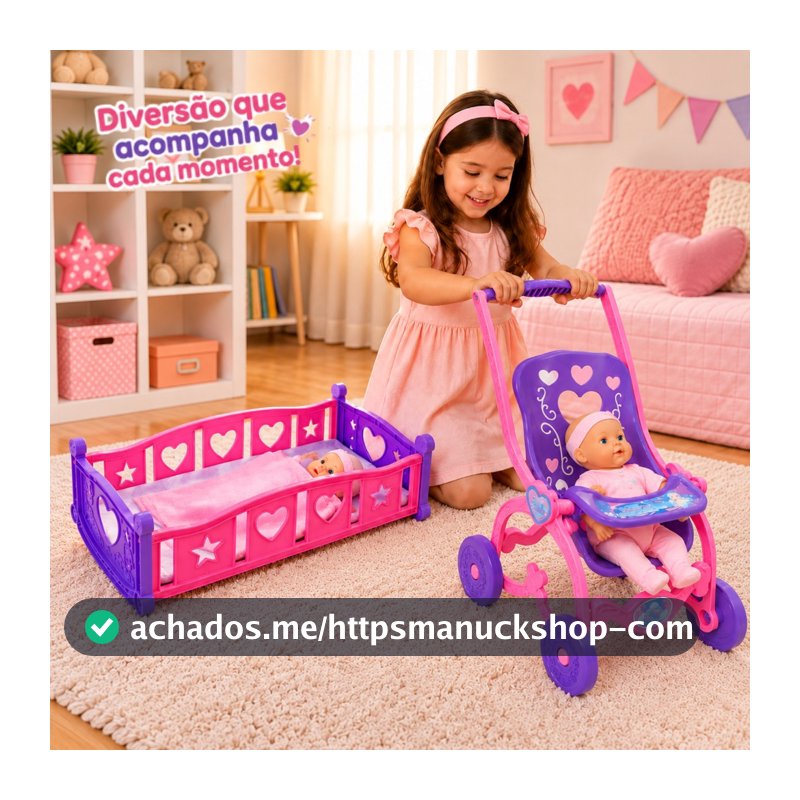 Kit Berço e Carrinho de Boneca Infantil Passeio Criança