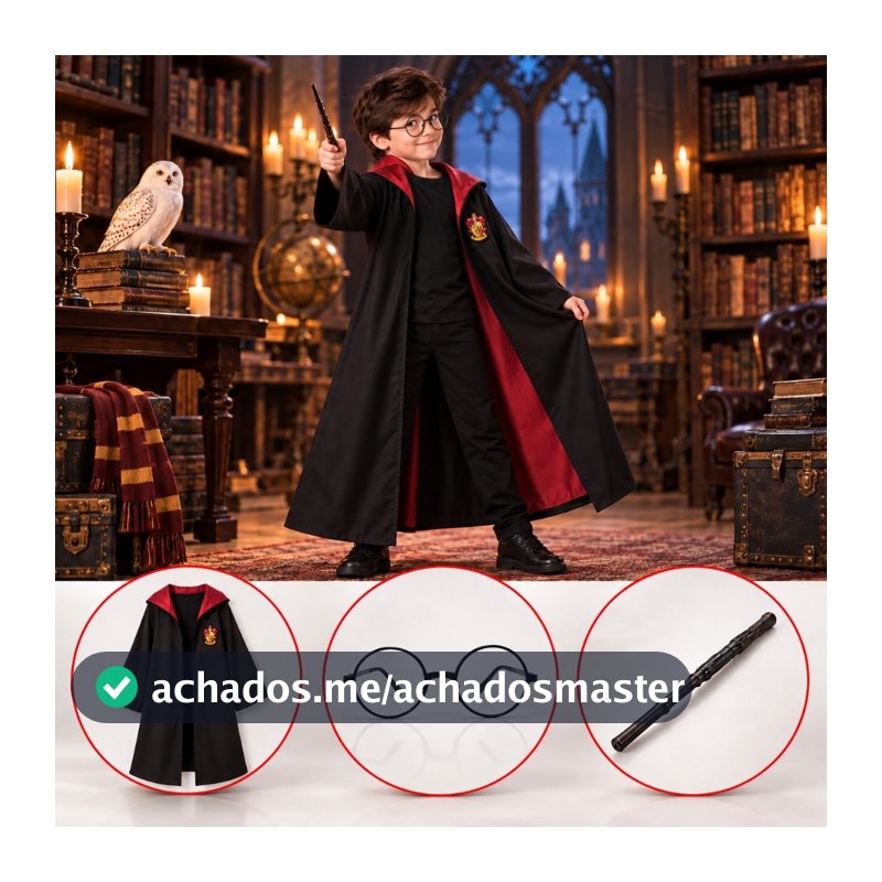 Fantasia Capa Harry Potter Infantil + Acessórios Grifinória Hermione Festa Carnaval Cosplay Halloween Luxo