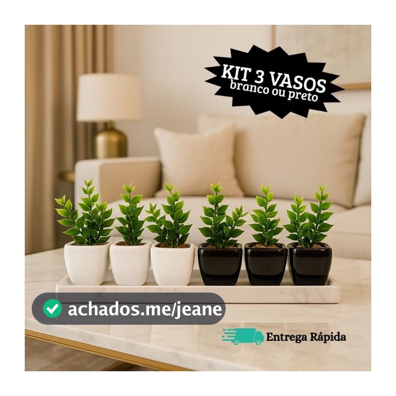 Kit 3 vasos decorativos de cerâmica com plantas artificiais preto ou branco conjunto luxo