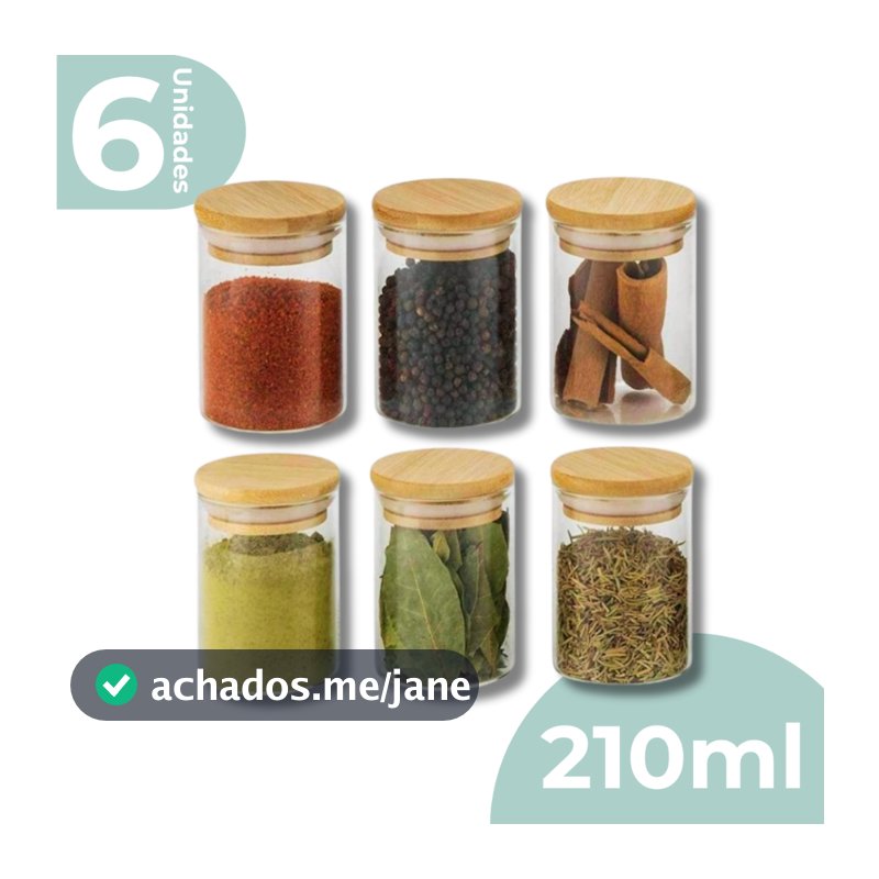 Kit 6 Pote De Vidro Porta Tempero Mantimentos Redondo Borossilicato Tampa De Bambu 210ml