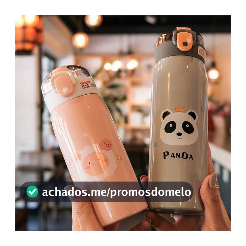Garrafa Com Canudo Térmica Infantil Estampas Animais Aço Inox 350ml