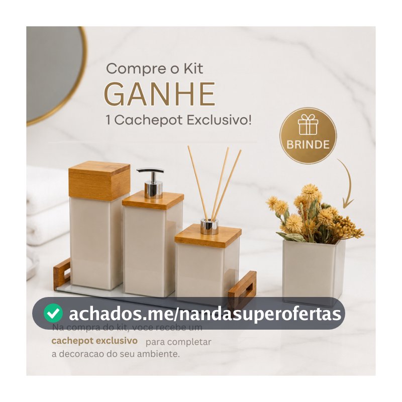 Kit Banheiro Lavabo Luxo Saboneteira Bandeja Porta Escova Difusor 4 Pçs em Vidro e Madeira Decoraçao