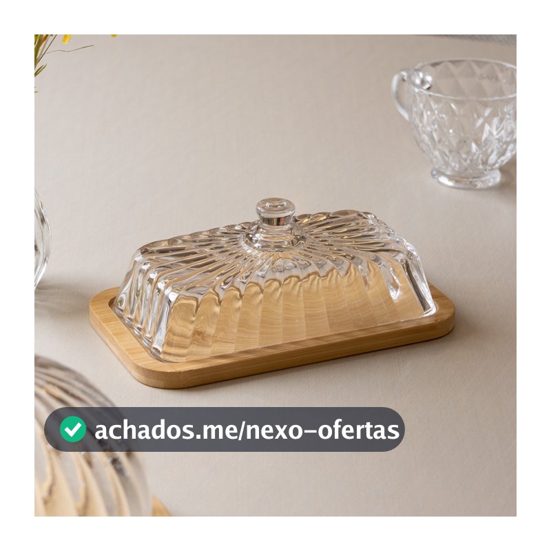 Manteigueira de Vidro com Base de Bambu Striata 18x10,5cm Lyor com Tampa Decorativo para Mesa Posta Cozinha Utilidades