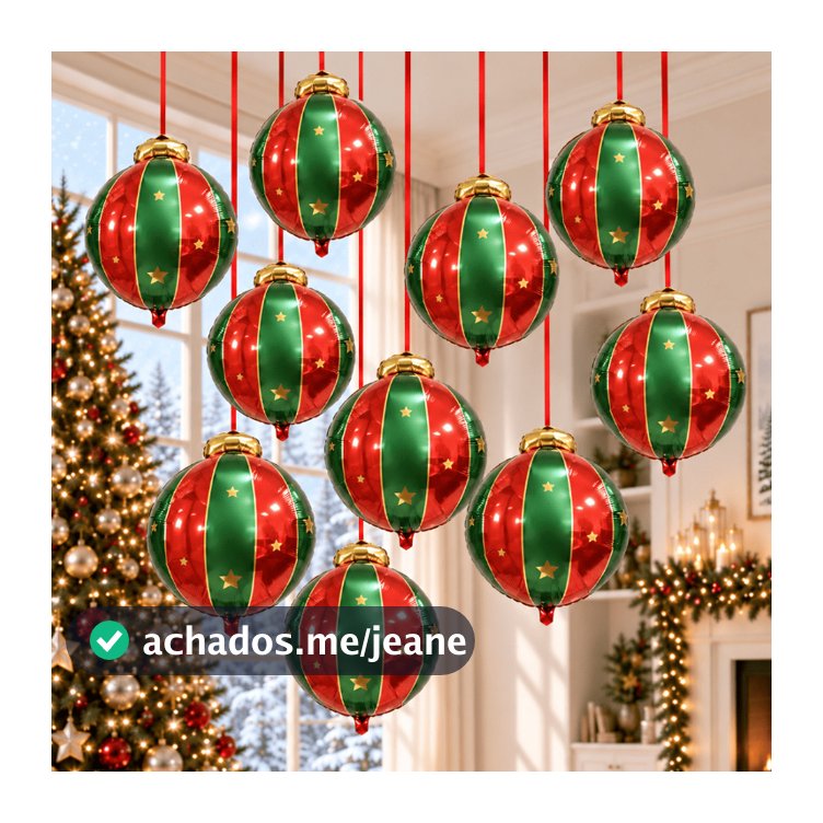Kit 2/5/10 Balão Bola Natal Metalizado 60x50cm Festa Decoração Vermelho/Verde Bola Natal