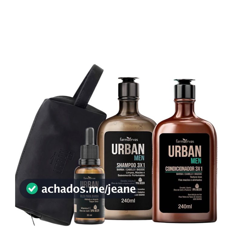 Kit Shampoo + Condicionador + Óleo P/ Barba + Necessaire Urban Men Presente Masculino Homem Pais Natal Namorados