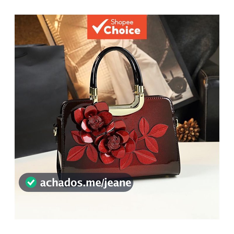 Elegante bolsa de mão floral de couro envernizado para mulheres, satchel com alça superior e tiracolo removível, bolsa